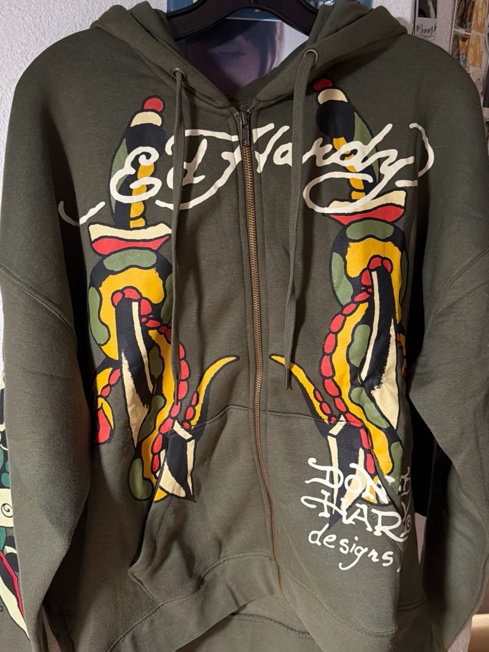 Ed Hardy Olive Green Zip-Up Hoodie with Multicolor Octopus Graphic